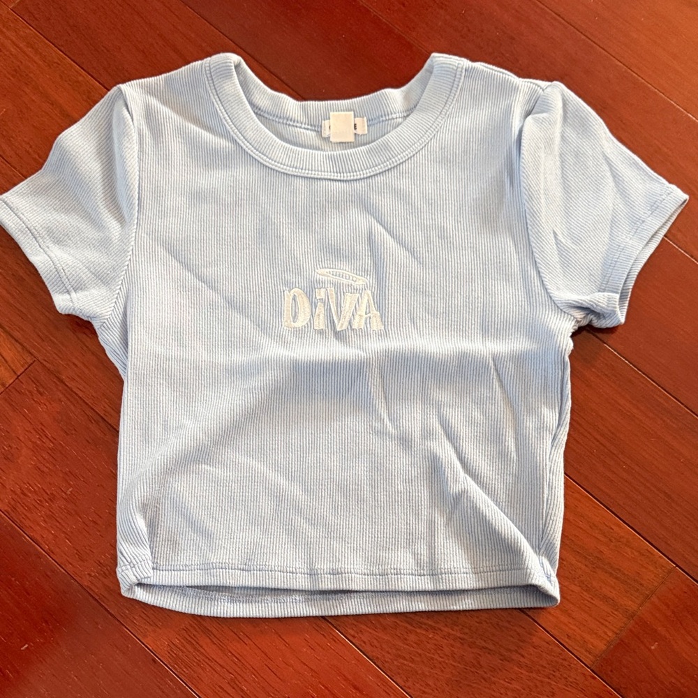 Garage Diva Sky Blue cropped Tee NWOT